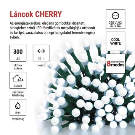 LED karácsonyi fényfüzér,cseresznye–golyók,30 m,kültéri és beltéri,hideg fehér,progr,időz.