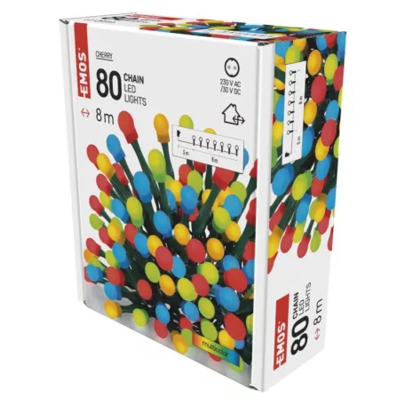 LED karácsonyi fényfüzér, cseresznye – golyók, 8 m, kültéri és beltéri, többszínű, időzítő