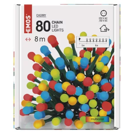 LED karácsonyi fényfüzér, cseresznye – golyók, 8 m, kültéri és beltéri, többszínű, időzítő