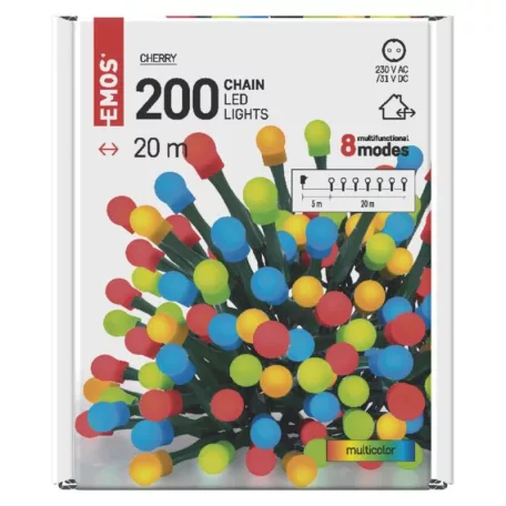 LED karácsonyi fényfüzér, cseresznye – golyók, 20 m, kültéri és beltéri, többszínű, progr.