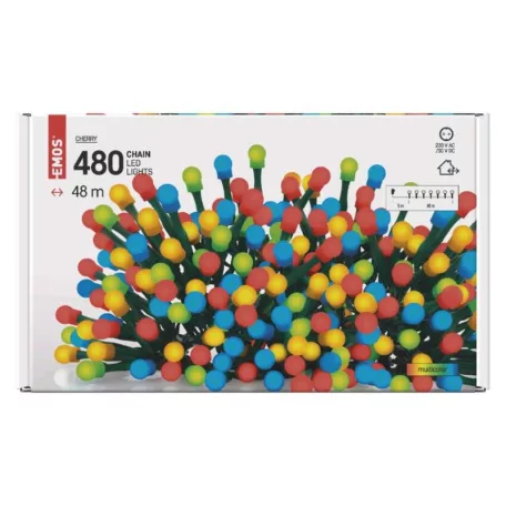 LED karácsonyi fényfüzér, cseresznye – golyók, 48 m, kültéri és beltéri, többszínű, időz.