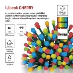   LED karácsonyi fényfüzér, cseresznye – golyók, 8 m,kültéri és beltéri,többszínű,progr,időz
