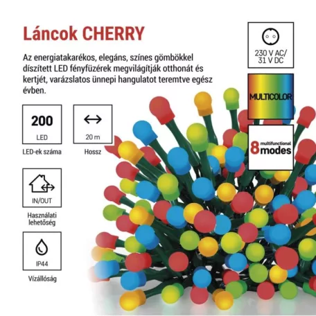 LED karácsonyi fényfüzér,cseresznye–golyók, 20 m, kültéri és beltéri, többszínű,progr,időz