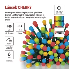   LED karácsonyi fényfüzér,cseresznye–golyók, 48 m, kültéri és beltéri, többszínű,progr,időz
