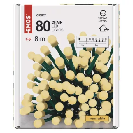 LED karácsonyi fényfüzér, cseresznye – golyók, 8 m, kültéri és beltéri, meleg fehér, időz.