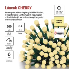   LED karácsonyi fényfüzér, cseresznye–golyók,20 m,kültéri és beltéri,meleg fehér,progr,időz