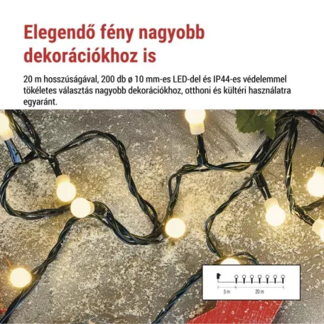 LED karácsonyi fényfüzér, cseresznye–golyók,20 m,kültéri és beltéri,meleg fehér,progr,időz