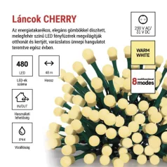  LED karácsonyi fényfüzér,cseresznye–golyók,48 m,kültéri és beltéri,meleg fehér,progr,időz.