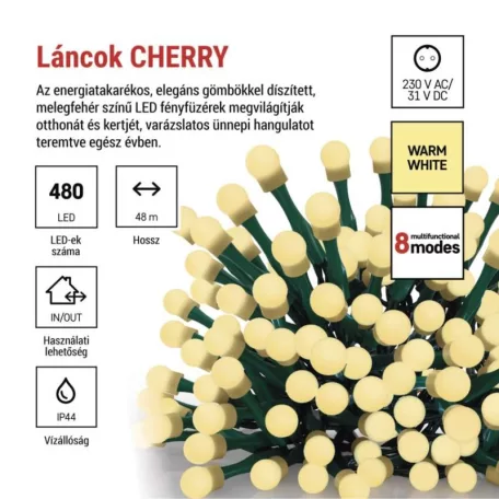 LED karácsonyi fényfüzér,cseresznye–golyók,48 m,kültéri és beltéri,meleg fehér,progr,időz.
