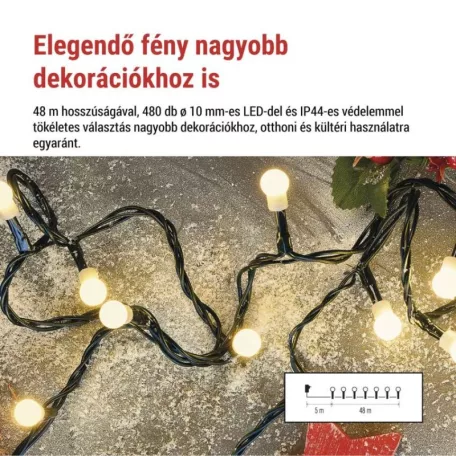 LED karácsonyi fényfüzér,cseresznye–golyók,48 m,kültéri és beltéri,meleg fehér,progr,időz.