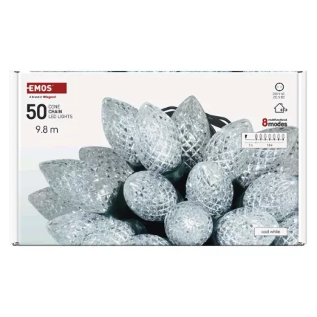 LED karácsonyi fényfüzér – tobozok, 9,8 m, kültéri és beltéri, hideg fehér, programokkal