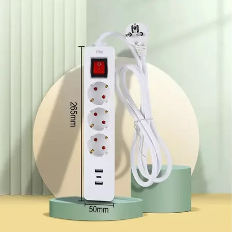 WinningStar - 3 az 1 -ben Elosztó - 3-as kapcsolós + 2 x USB + 1 x C-type  - 3 m