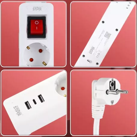 WinningStar - 3 az 1 -ben Elosztó - 3-as kapcsolós + 2 x USB + 1 x C-type  - 3 m