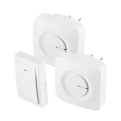   HOME DBKS1001AC vezeték és elem nélküli csengő készlet, 1x nyomógomb + 2x csengő, 100m hatótáv, 36 dallam, szabályozható hangerő, IP44, fényjelzés, kinetikus nyomógomb