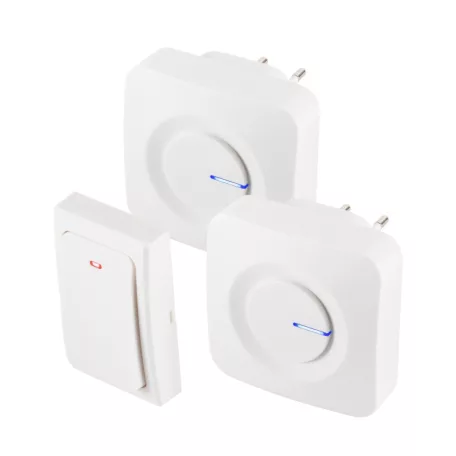 HOME DBKS1001AC vezeték és elem nélküli csengő készlet, 1x nyomógomb + 2x csengő, 100m hatótáv, 36 dallam, szabályozható hangerő, IP44, fényjelzés, kinetikus nyomógomb