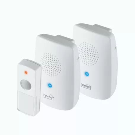 Home DBS 1001DC vezeték nélküli csengőszett, 2 beltéri egység és 1 nyomógomb, 100m hatótáv, többszólamú hang, 8 dallam, elemes tápellátás