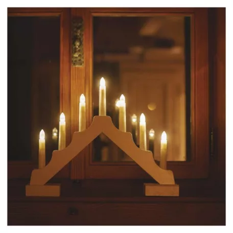 LED gyertyatartó, fa, 29 cm, 2x AA, beltéri, meleg fehér, időzítő