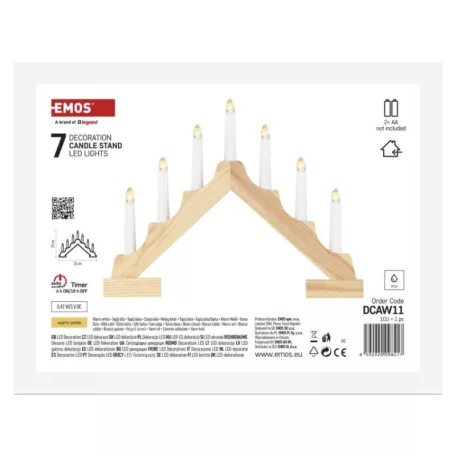 LED gyertyatartó, fa, 29 cm, 2x AA, beltéri, meleg fehér, időzítő