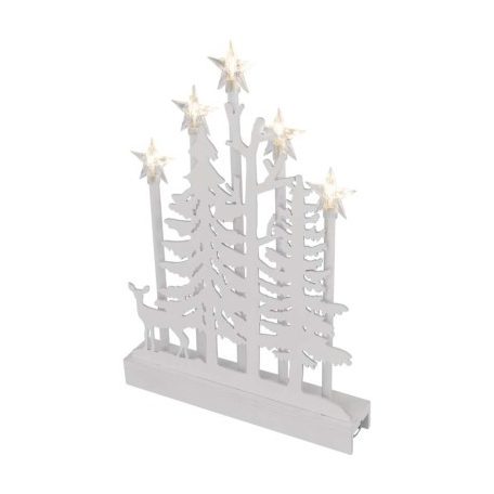 LED dekoráció, fa – erdő csillagokkal, 35,5 cm, 2x AA, beltéri, meleg fehér, időzítő