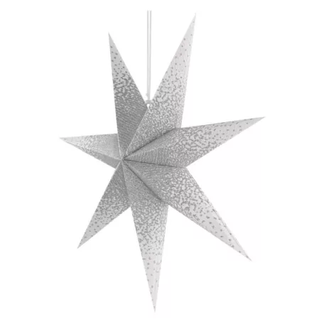 LED papírcsillag, függeszthető, ezüst csillámporos középen, fehér, 60 cm, beltéri