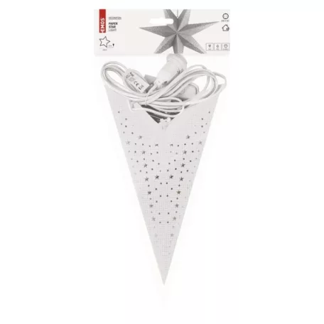 LED papírcsillag, függeszthető, ezüst csillámporos középen, fehér, 60 cm, beltéri