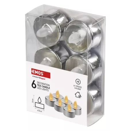 LED dekoráció – 6x teamécses, ezüst, 6x CR2032, beltéri, vintage