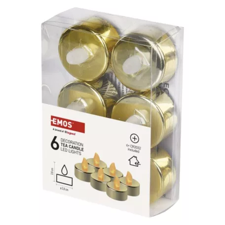 LED dekoráció – 6x teamécses, arany, 6x CR2032, beltéri, vintage