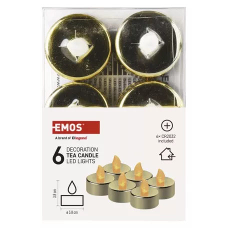 LED dekoráció – 6x teamécses, arany, 6x CR2032, beltéri, vintage