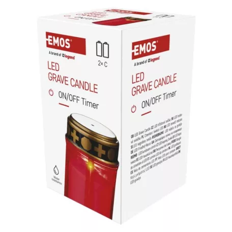 LED temetői mécses, piros, 2x C, kültéri és beltéri, meleg fehér, időzítő