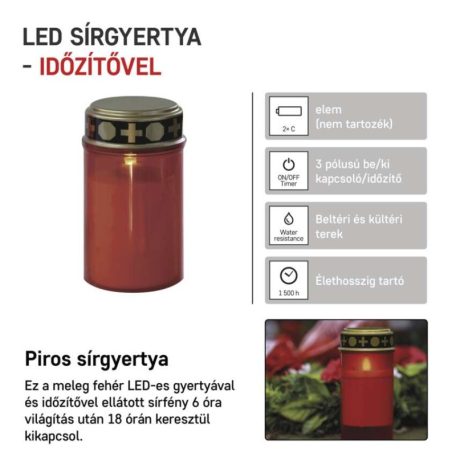 LED temetői mécses, piros, 2x C, kültéri és beltéri, meleg fehér, időzítő