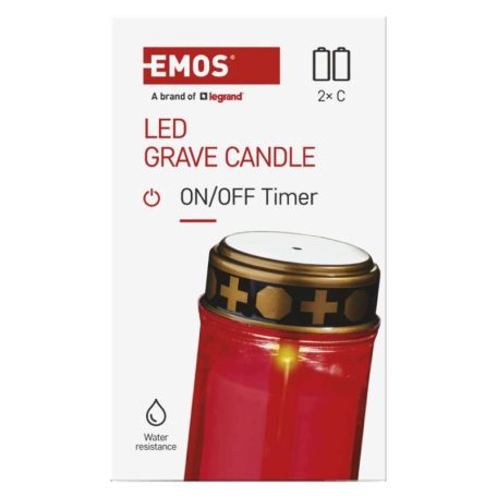 LED temetői mécses, piros, 2x C, kültéri és beltéri, meleg fehér, időzítő