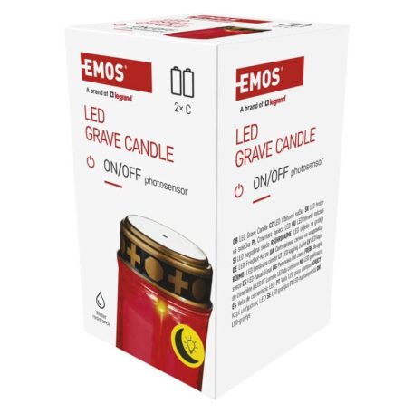 LED temetői mécses, piros, 2x C, kültéri és beltéri, meleg fehér, érzékelő