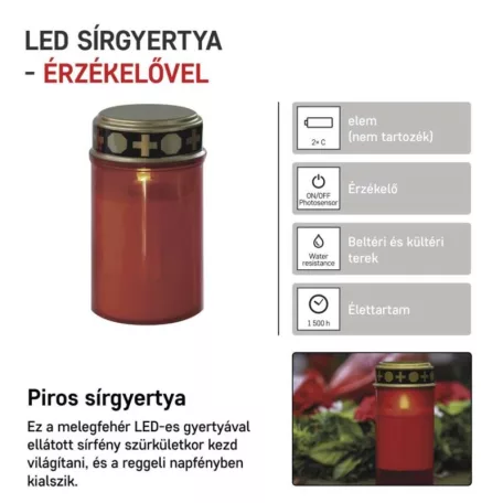 LED temetői mécses, piros, 2x C, kültéri és beltéri, meleg fehér, érzékelő
