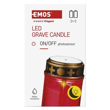 LED temetői mécses, piros, 2x C, kültéri és beltéri, meleg fehér, érzékelő