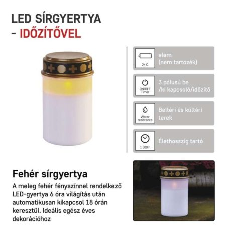 LED temetői mécses, 12,5 cm, 2x C, kültéri és beltéri, vintage, időzítő