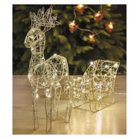 LED szán rénszarvasokkal – 47 cm, 3x AA, beltéri, meleg fehér, időzítő