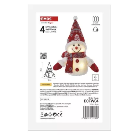 LED karácsonyi világító hóember, 25 cm, 3x AAA, beltéri, meleg fehér, időzítő