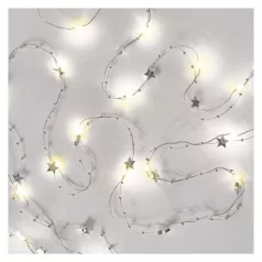   LED karácsonyi fényfüzér ezüst – csillagok, 1,9 m, 2x AA, beltéri, meleg fehér, időzítő