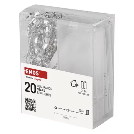 LED karácsonyi fényfüzér ezüst – csillagok, 1,9 m, 2x AA, beltéri, meleg fehér, időzítő