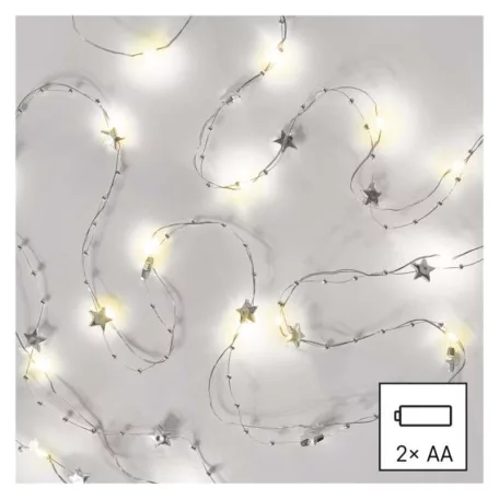 LED karácsonyi fényfüzér ezüst – csillagok, 1,9 m, 2x AA, beltéri, meleg fehér, időzítő