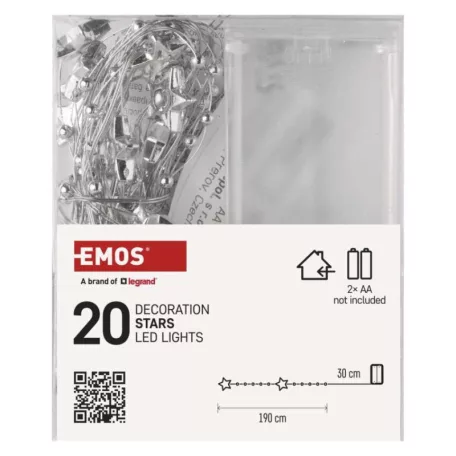 LED karácsonyi fényfüzér ezüst – csillagok, 1,9 m, 2x AA, beltéri, meleg fehér, időzítő