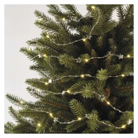 LED karácsonyi fényfüzér ezüst – csillagok, 1,9 m, 2x AA, beltéri, meleg fehér, időzítő