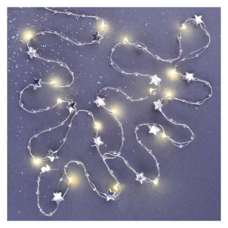 LED karácsonyi fényfüzér ezüst – csillagok, 1,9 m, 2x AA, beltéri, meleg fehér, időzítő
