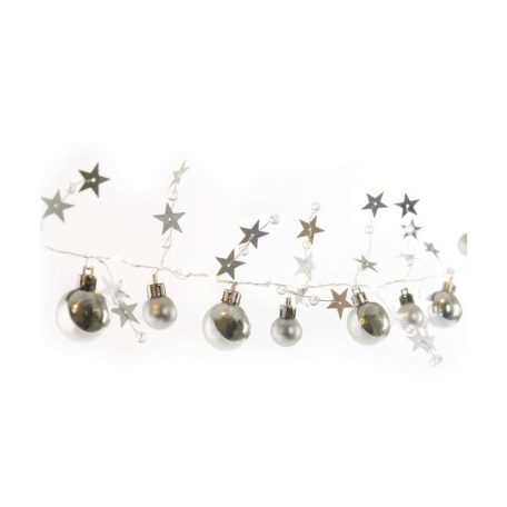 LED karácsonyi fényfüzér – ezüst gömb csillagokkal,1,9m, 2xAA, beltéri, meleg fehér, időz.