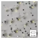 LED karácsonyi fényfüzér – ezüst gömb csillagokkal,1,9m, 2xAA, beltéri, meleg fehér, időz.