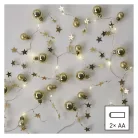 LED karácsonyi fényfüzér – arany gömb csillagokkal, 1,9m, 2xAA, beltéri, meleg fehér, idő.