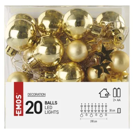 LED karácsonyi fényfüzér – arany gömb csillagokkal, 1,9m, 2xAA, beltéri, meleg fehér, idő.