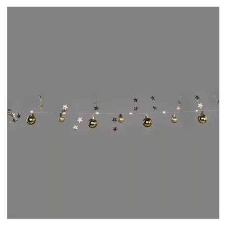 LED karácsonyi fényfüzér – arany gömb csillagokkal, 1,9m, 2xAA, beltéri, meleg fehér, idő.