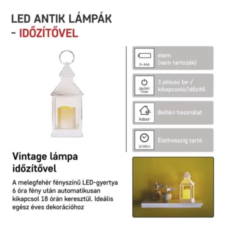 LED dekoráció – lámpa, antik, fehér, villogó, 3x AAA, beltéri, vintage, időzítő