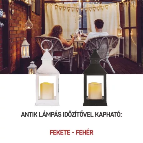 LED dekoráció – lámpa, antik, fehér, villogó, 3x AAA, beltéri, vintage, időzítő